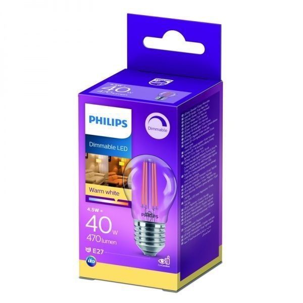 Лампа светодиодная Philips FIL DIM P45 4,5 Вт E27 2700 К 220 В прозрачная 929002391466 