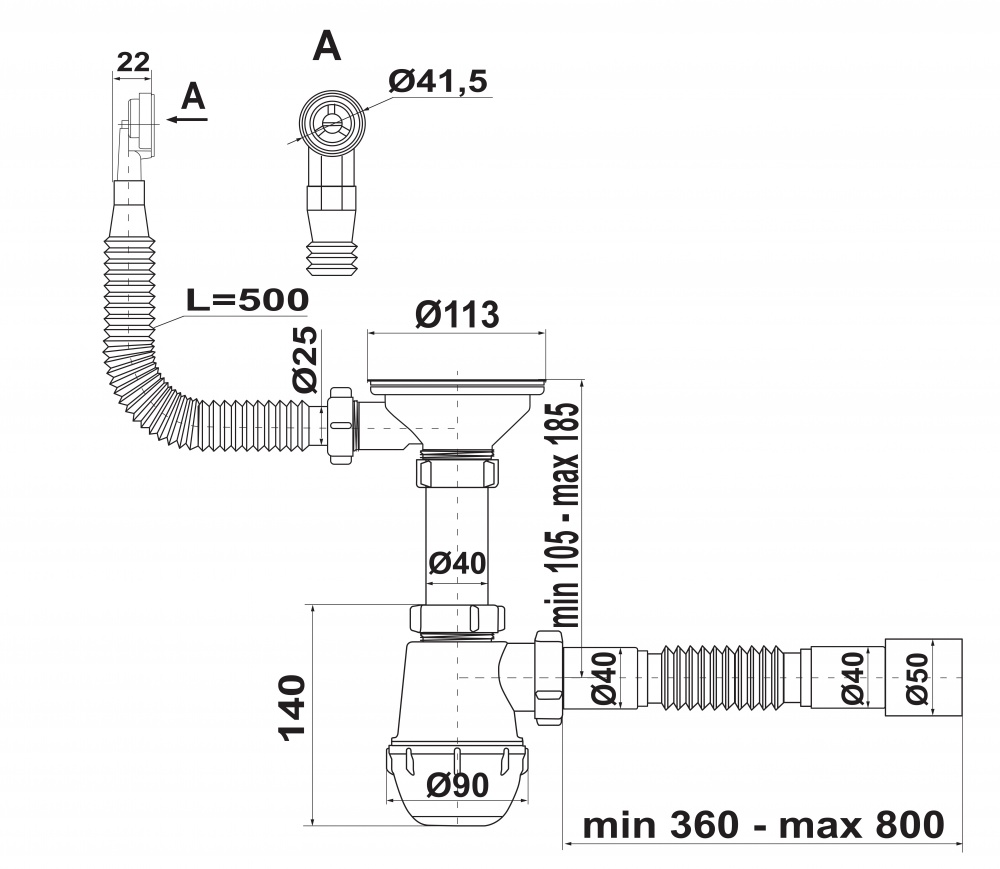 Сифон Continent для гранітних мийок 1а чаша