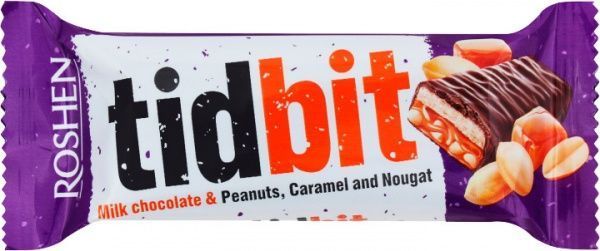 Шоколад Roshen молочный TIDBIT с нугой и мягкой карамелью с арахисом 50г