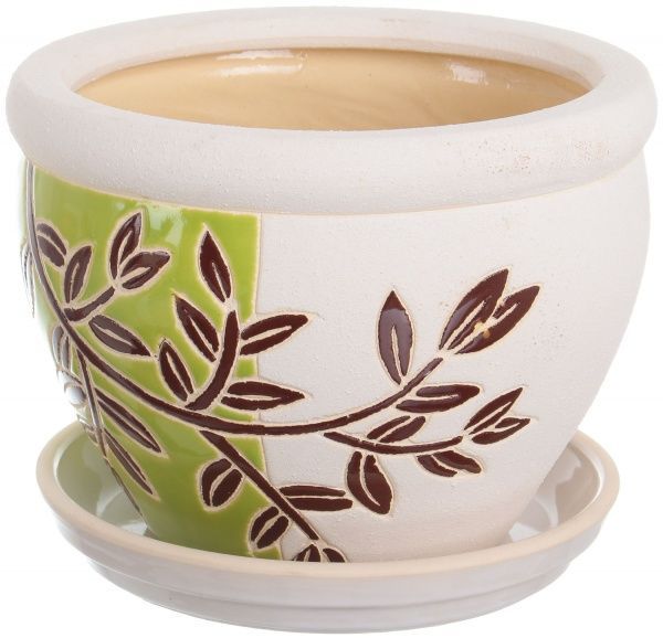 Горшок Viet Thanh Ceramic с блюдцем веточка 23х16 см VT.11004-2 круглый белый с салатовым 