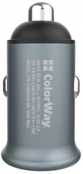 Автомобільний зарядний пристрій ColorWay 2USB Quick Charge 3.0 (36 Вт) сірий CW-CHA036Q-GR