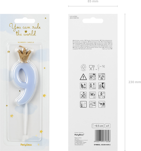 Свеча для торта Partydeco цифра 9 пастель голубая 9,5 см (SCU6-9-001J)