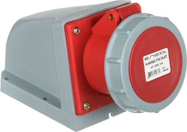 Розетка силовая стационарная с заземлением E.NEXT e.socket.114.16.67, 4п., 400В, 16А , IP 67 серый с красным i082008