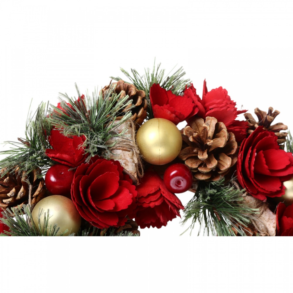 Вінок хвойний з квітами шишками кулями червоний d340 мм C32407