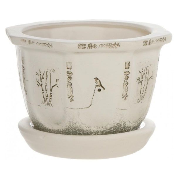 Горшок керамический Китайский средний фигурный 3,7л кремовый с рисунком 