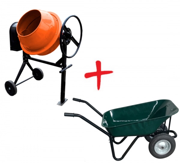 Комплект Бетономешалка Orange СБ 180л + Тачка строительная ALOFT 100л зеленая