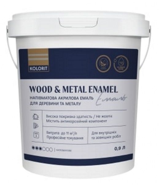 Емаль акрилова Kolorit Wood and Metal Enamel база C прозорий напівмат 0,9л