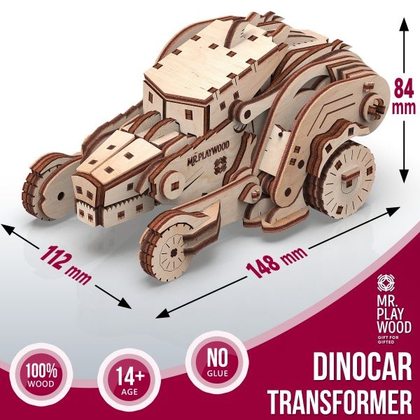Дерев'яний 3D-конструктор Mr.Playwood Трансформер механічний «Динокар» 10105
