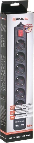 Фільтр-подовжувач REAL-EL RS-PROTECT USB із заземленням 6 гн. чорний 1,8 м RS-6 PROTECT USB, 1.8m, black 