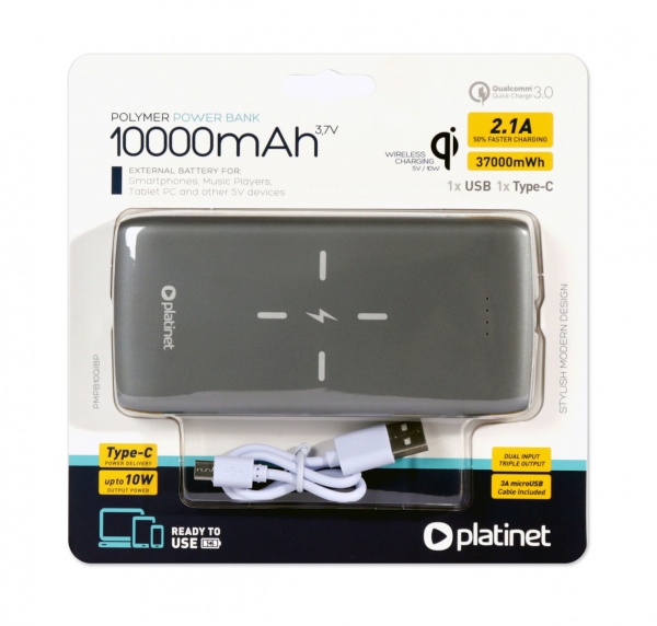 Внешний аккумулятор (Powerbank) PLATINET 10000 mAh grey (PMPB10QIBP) 