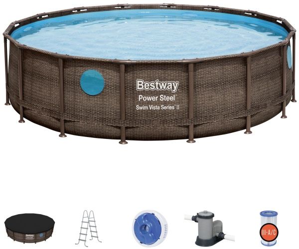 Басейн каркасний Bestway з віконцем 488х122см, 19480л з насосом, драбиною, підложкою, накриттям Ротанг