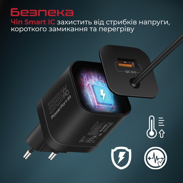 Сетевое зарядное устройство Promate PowerPort-PDQC3 33 Вт USB-A порт + USB-C кабель (powerport-pdqc3.black) 