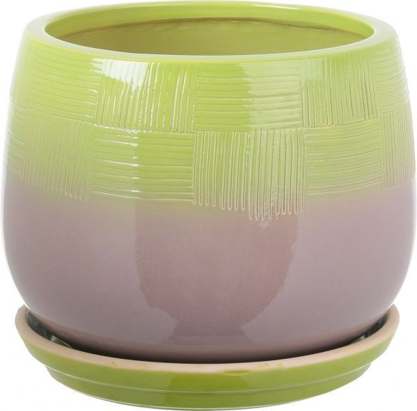 Горщик Viet Thanh Ceramic з блюдцем гармонія 25х21 см VT.11416-2 круглий сірий із зеленим 