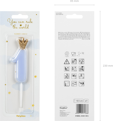 Свеча для торта Partydeco цифра 1 пастель голубая 9,5 см (SCU6-1-001J)