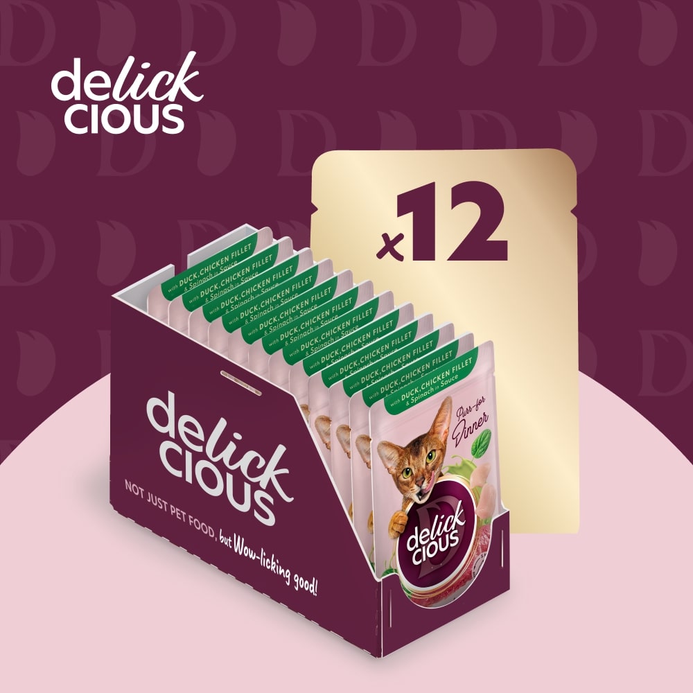 Корм вологий DELICKCIOUS «Шматочки з качкою, курячим філе і шпинатом в соусі» 85 г