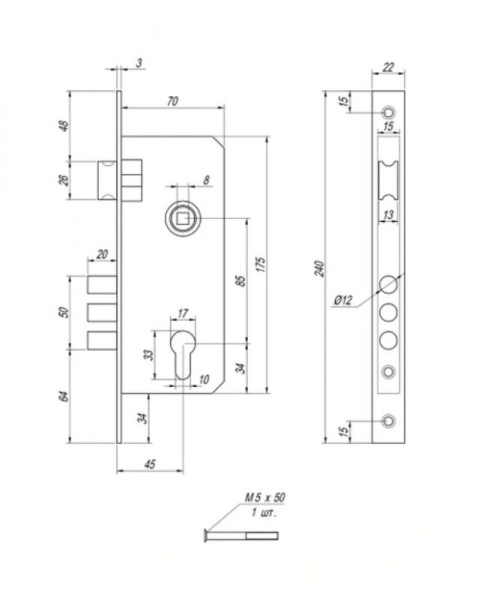 Замок врезной с ручками цилиндровый Apecs 2223-СR 85 мм античная бронза без петель