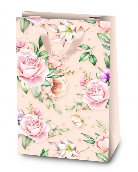Пакет подарунковий 47х32х15 пудровий з квітами