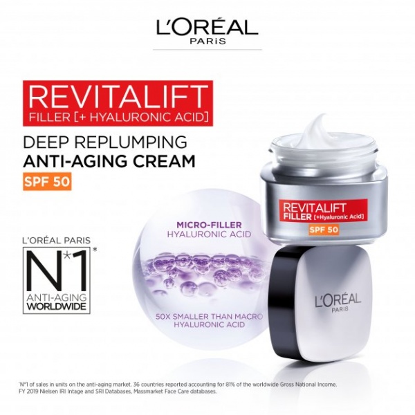 Крем для лица дневной L'Oreal Paris Revitalift Филлер [HA] Х3 антивозрастной для восстановления утраченного объема кожи лица SPF-50 50 мл