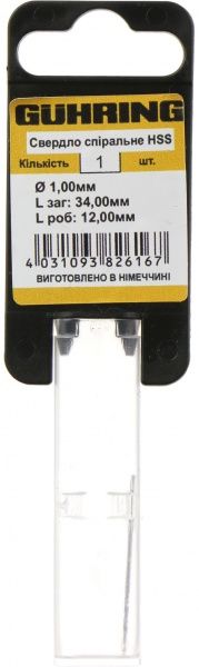Сверло по металлу Guhring HSS 12x34 мм 1 мм 322041975