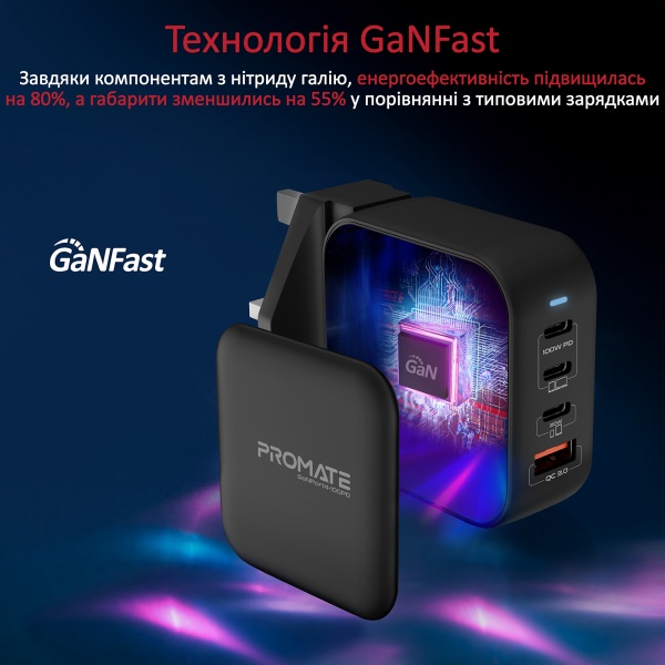 Сетевое зарядное устройство Promate GaNPort4-100PD 100 Вт 3хUSB-C+USB-A Black 