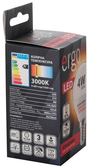 Лампа светодиодная Ergo STD 6259733 4 Вт G45 матовая E14 220 В 3000 К 