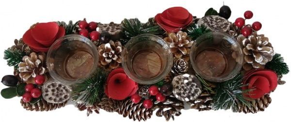 Декорация новогодняя Подсвечник тройной хвойный с шишками, цветами и ягодами 38х13 см EPI-EWJ9-015 