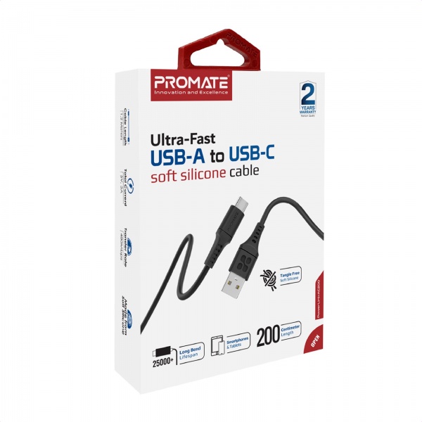 Кабель Promate PowerLink-AC200 USB-A to USB-C 3А 2 м чорний (powerlink-ac200.black) 