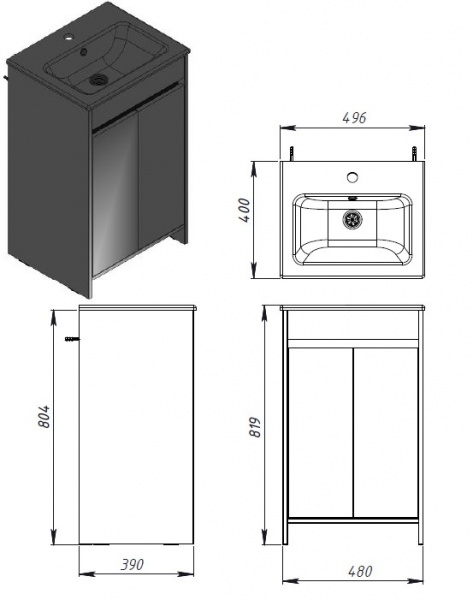 Тумба підлогова ЮВЕНТА Lemgo - 50 на ніжках білий з умивальником 
