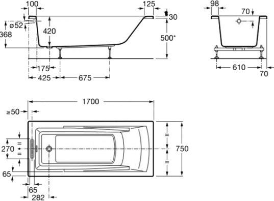 Ванна акрилова ROCA Hall 170x75 прямокутна з підлокітниками, з підголівником та ніжками A248162000
