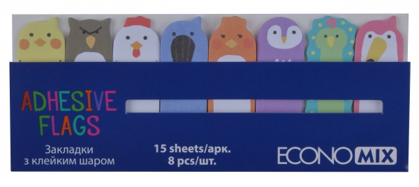 Стикер-закладка 15х48 мм Fun Birds 120 шт. бумажные 8 цветов ассорти Economix