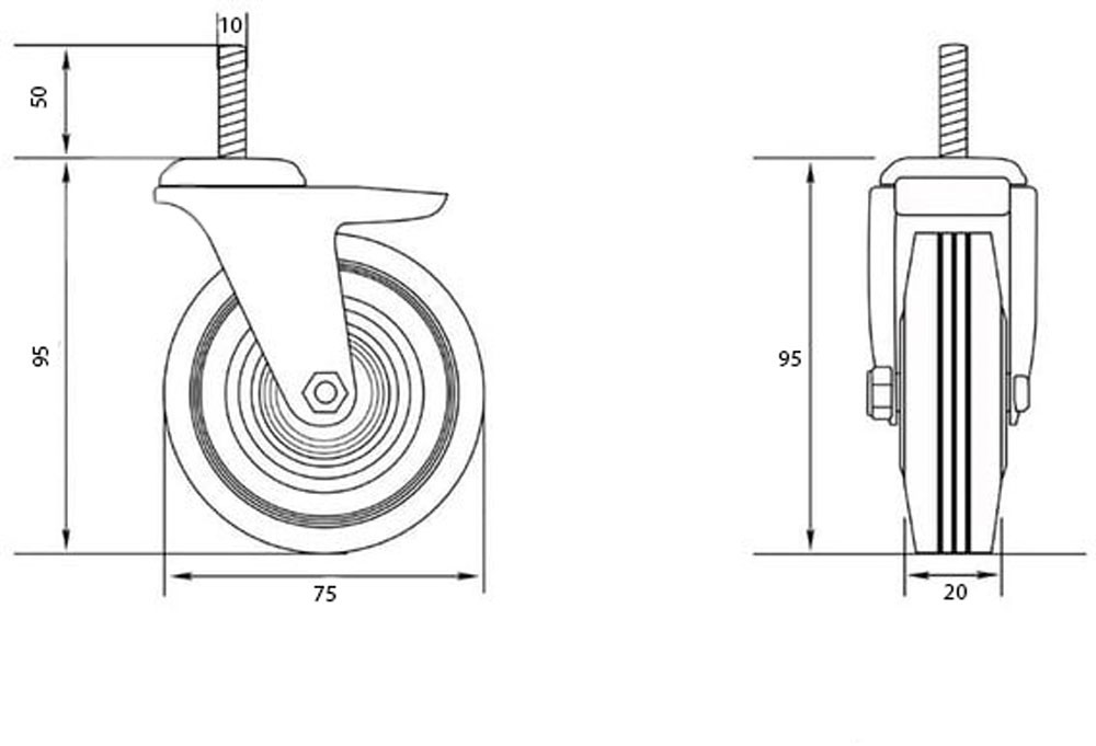 Колесо d75 мм резиновое поворотное с резьбовым штырем M10