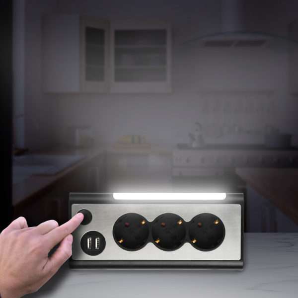 Удлинитель Electraline угловой 2 USB LED подсветка 3 гн. черно-серый 1,5 м 62512 