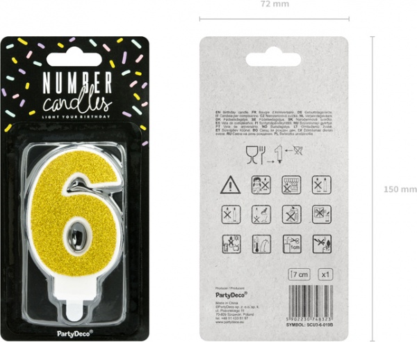 Свеча для торта Partydeco цифра 6 золотая 7 см (SCU3-6-019B)