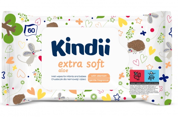 Дитячі вологі серветки Kindii Extra Soft Aloe для немовлят і дітей без клапану 60 шт.