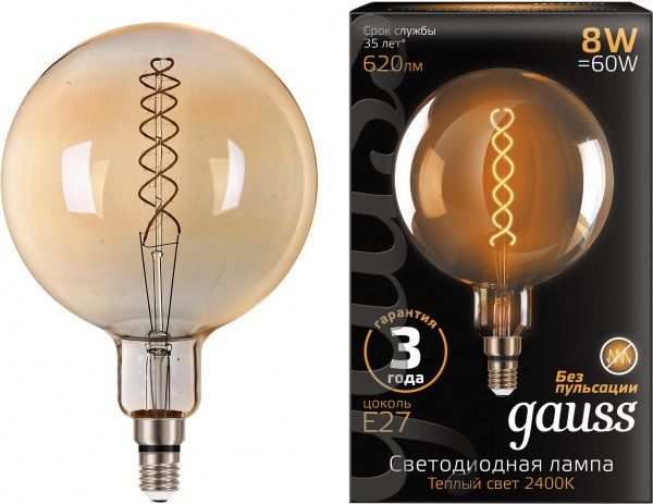 Лампа светодиодная Gauss Vintage Filament Gold 154802008 G200 8 Вт E27 2400 К 220 В прозрачная 