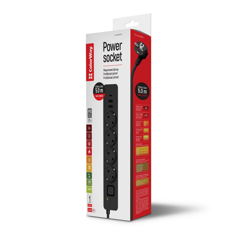 Сетевой фильтр ColorWay 3USB (2USB-A +1 TYPE-C) (24W) с заземлением 4 гн. черный 5 м CW-CHE435PDB