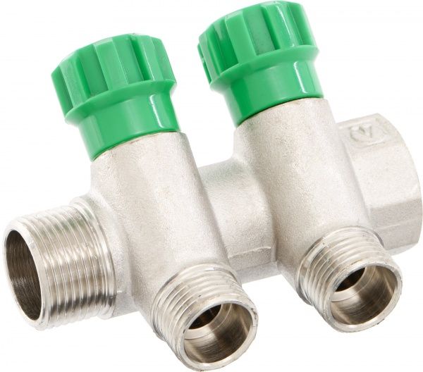 Коллектор Valtec с регулирующими вентилями и преходами на наружную резьбу на 2 выхода 3/4 х 1/2