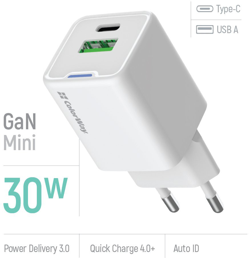 Сетевое зарядное устройство ColorWay GaN Mini 30W PD USB (Type-C PD + USB QC4.0) white