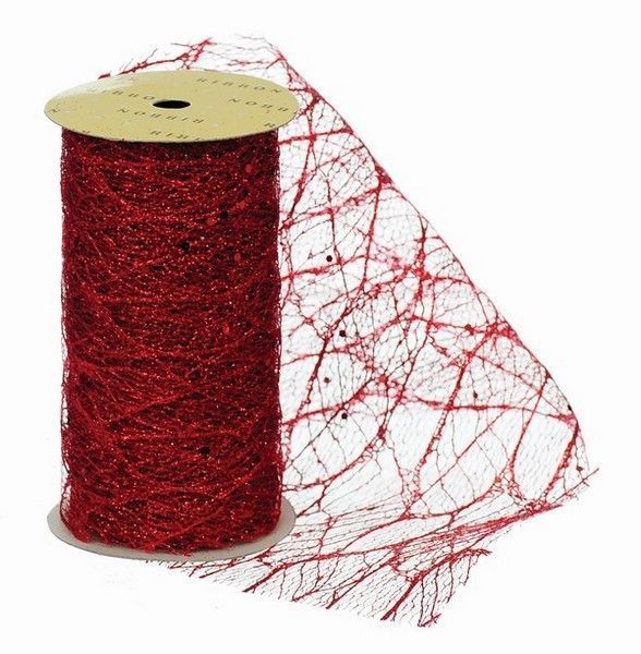 Лента декоративная с красным узором 11,3 см органза (5 м) K-379992 