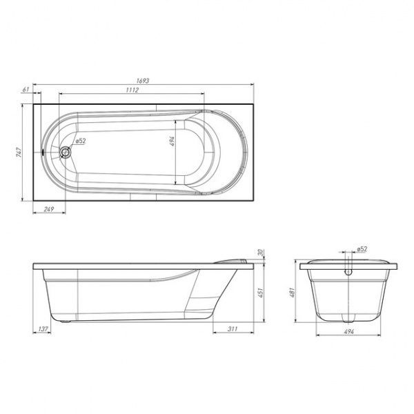 Ванна акриловая Imprese Teplice 170x75 TEPLICE175 