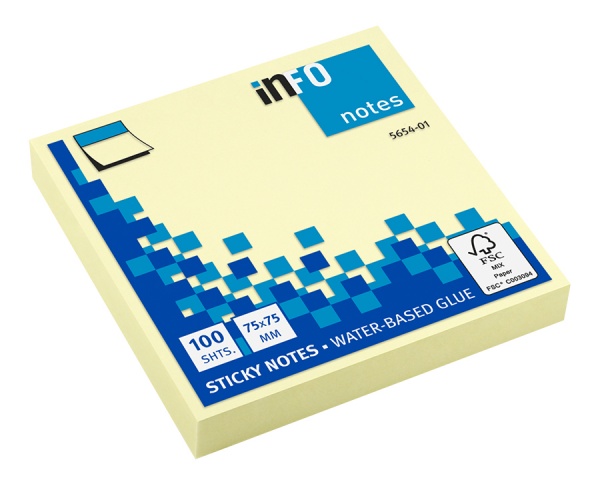 Блоки бумажные самоклеящиеся Notes 75х75х100 yellow INFO