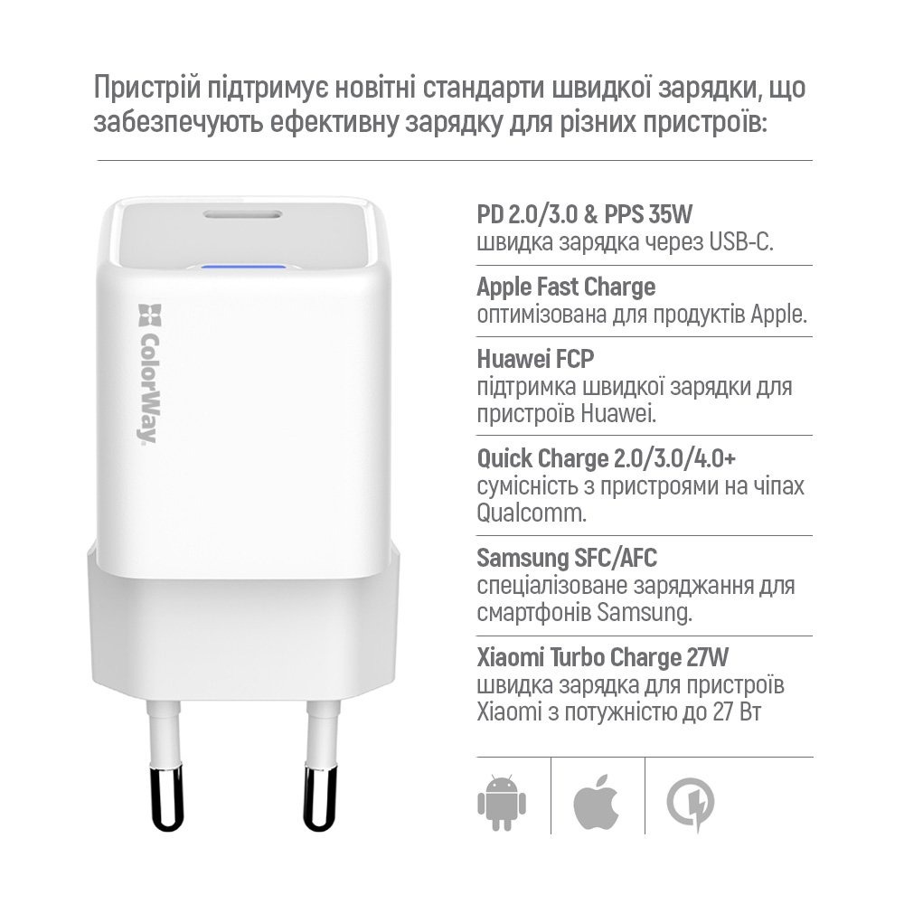 Сетевое зарядное устройство ColorWay GaN Mini 35W PD Port PPS USB-C белый (CW-CHS056PD-WT)