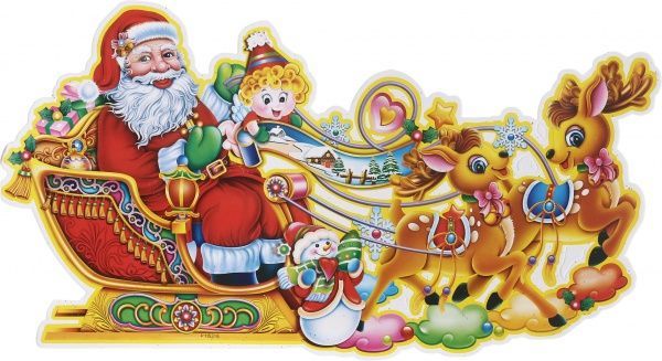 Наклейка на скло новорічна Дід Мороз на санях 36х19 см
