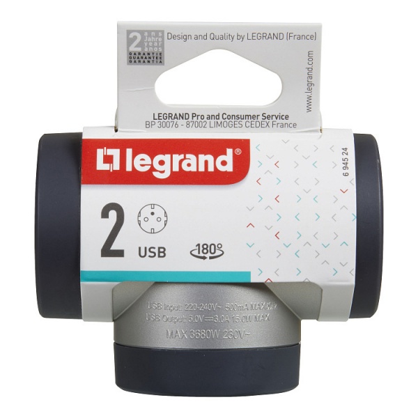 Адаптер Legrand 3х2К+З з USB A+C поворотний преміум із заземленням 2 гн. алюміній 694524 