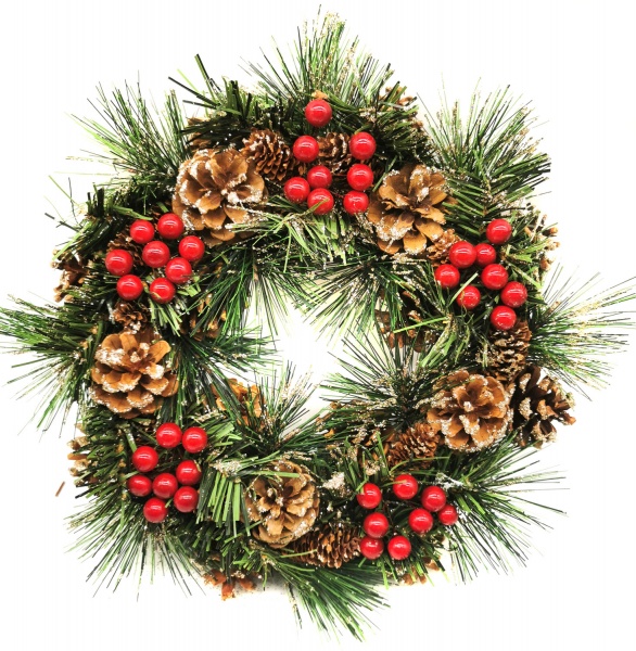 Вінок новорічний Blooming хвойний з шишками і ягодами червоний d290 мм by201043-2 