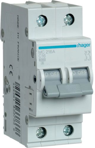 Автоматичний вимикач Hager 2P 6kA C-16A 2M MC216A
