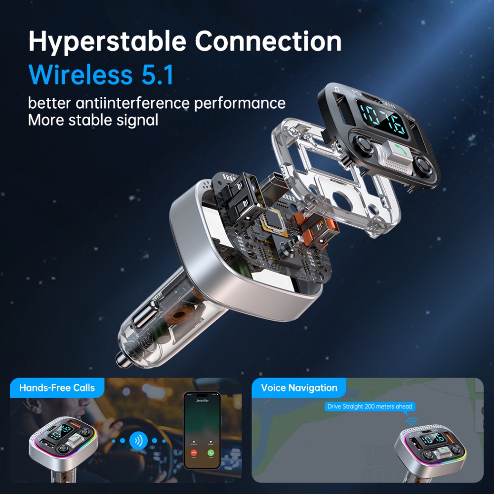 Автомобильное зарядное устройство Remzona Vibe PD 48W PD30W QC18W Bluetooth 5.4 FMAAC-03BK