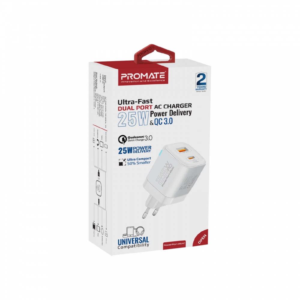 Сетевое зарядное устройство Promate 25W PD USB-A USB-C белый (powerport-25ac.white)