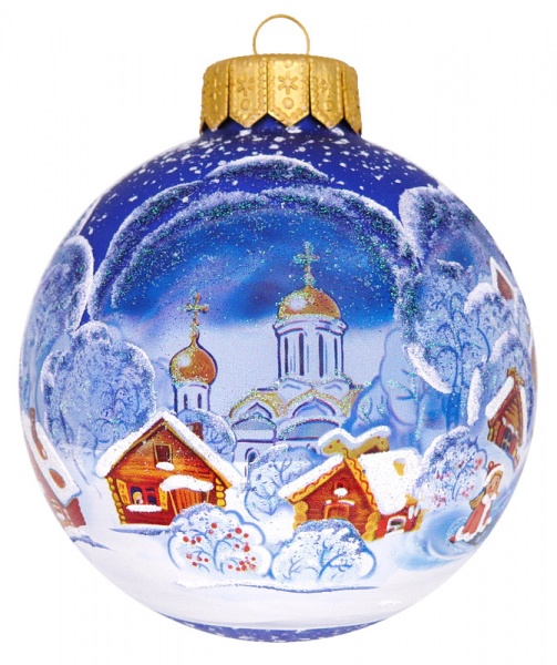 Шар стеклянный с пейзажным рисунком 100 мм синий 100Dпз(3)/1