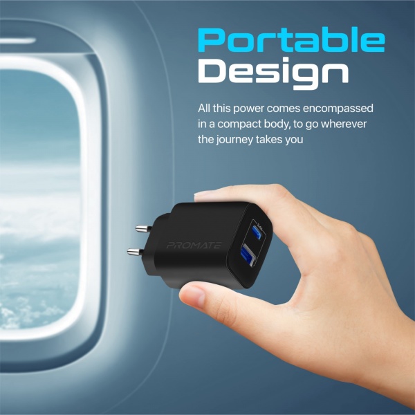 Сетевое зарядное устройство Promate Biplug-2 17 Вт USB-C+USB-A